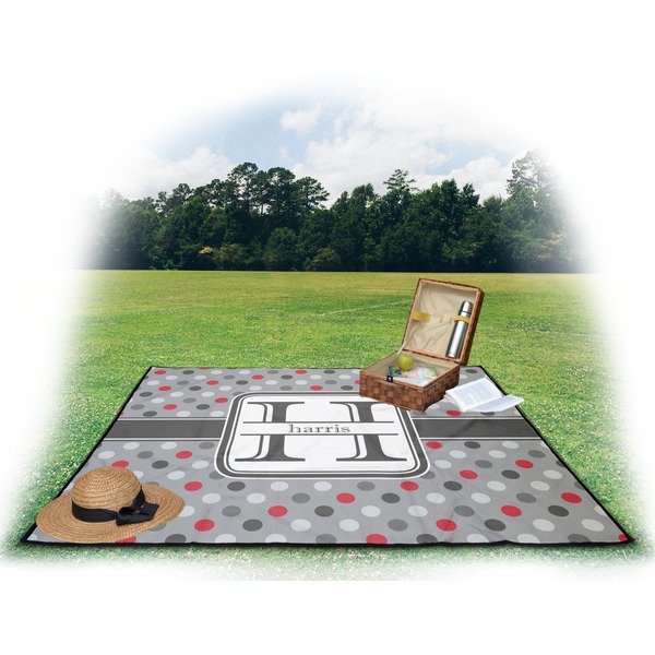 Red & Gray Polka Dots Picnic Blanket - with Basket Hat and Book - in Use