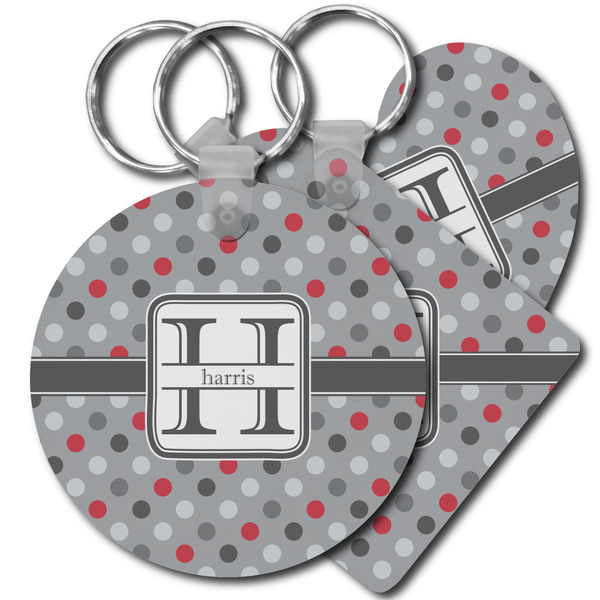 Custom Red & Gray Polka Dots Plastic Keychain (Personalized)