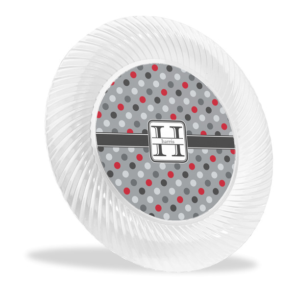 Custom Red & Gray Polka Dots Plastic Party Dinner Plates - 10" (Personalized)