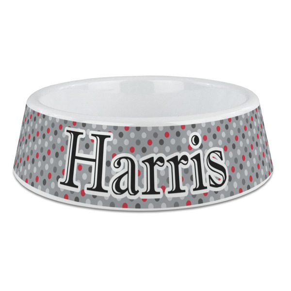 Custom Red & Gray Polka Dots Plastic Dog Bowl - Large (Personalized)