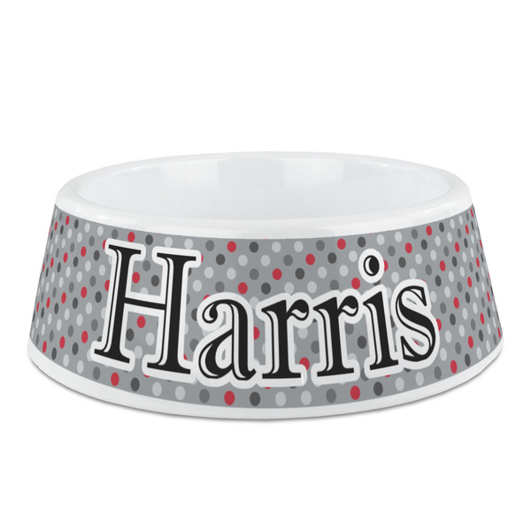 Custom Red & Gray Polka Dots Plastic Dog Bowl - Medium (Personalized)