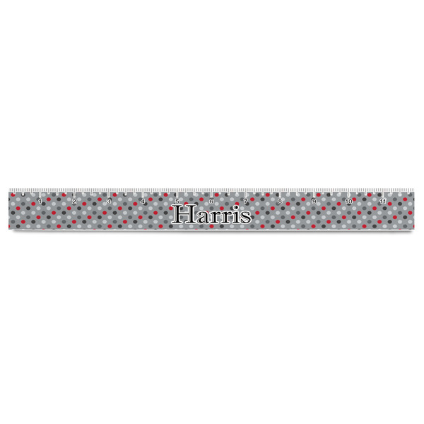 Red & Gray Polka Dots Plastic Ruler - 12" - FRONT