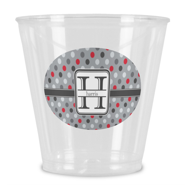 Custom Red & Gray Polka Dots Plastic Shot Glass (Personalized)