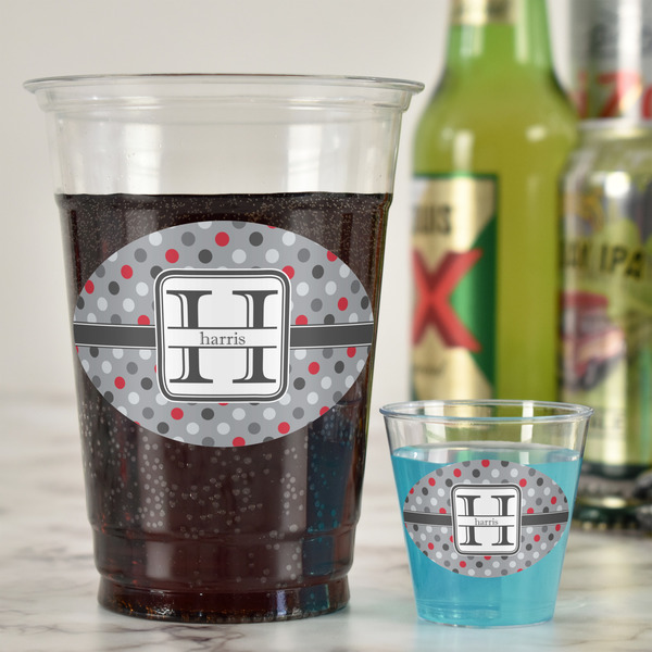 Red & Gray Polka Dots Plastic Shot Glasses - In Context