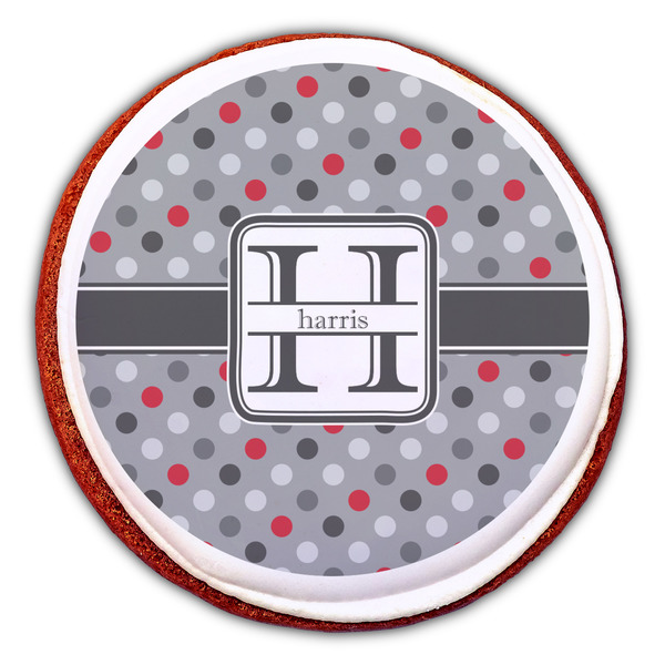 Red & Gray Polka Dots Printed Icing Circle - Large - On Cookie