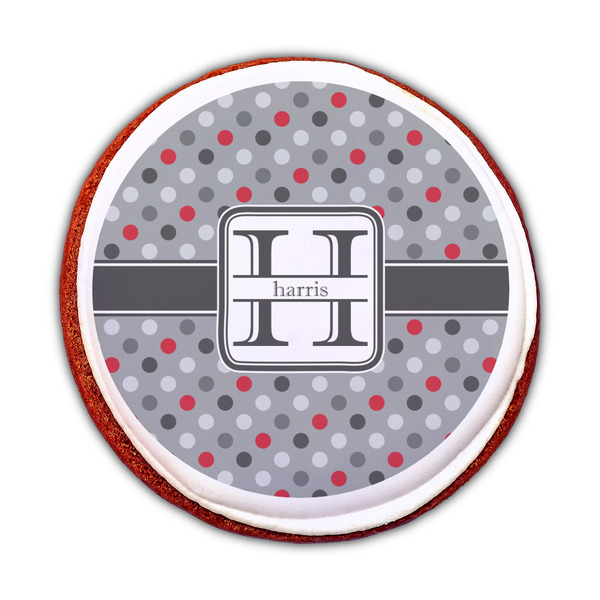 Red & Gray Polka Dots Printed Icing Circle - Medium - On Cookie