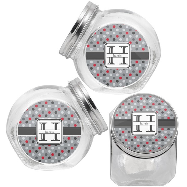 Red & Gray Polka Dots Puppy Treat Jar - Top Left Right