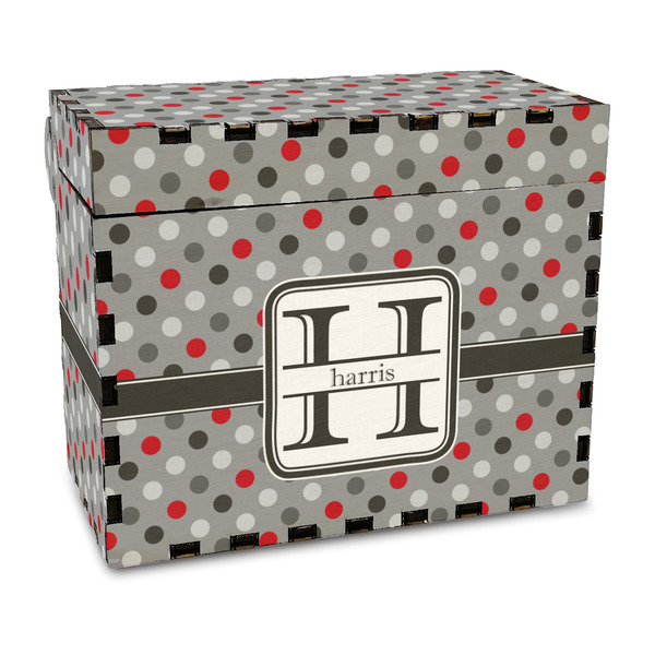 Custom Red & Gray Polka Dots Wood Recipe Box - Full Color Print (Personalized)