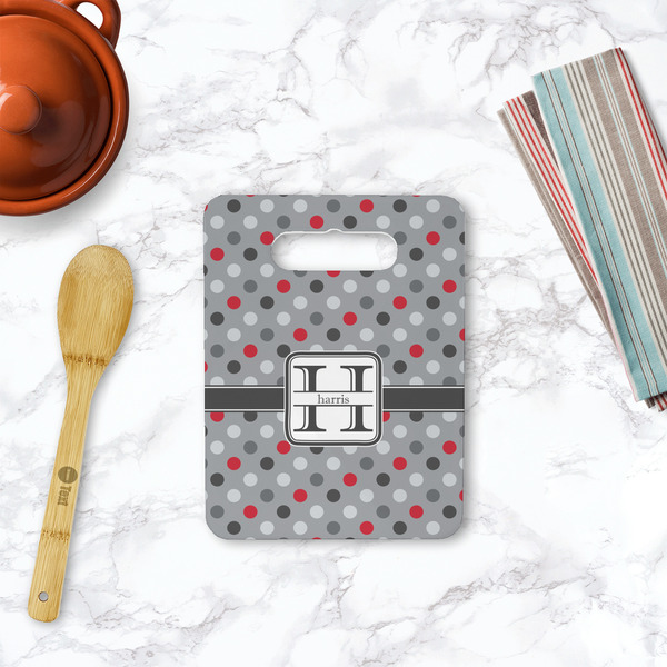 Red & Gray Polka Dots Rectangle Trivet with Handle - LIFESTYLE