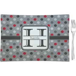 Red & Gray Polka Dots Rectangular Glass Appetizer / Dessert Plate - Single or Set (Personalized)