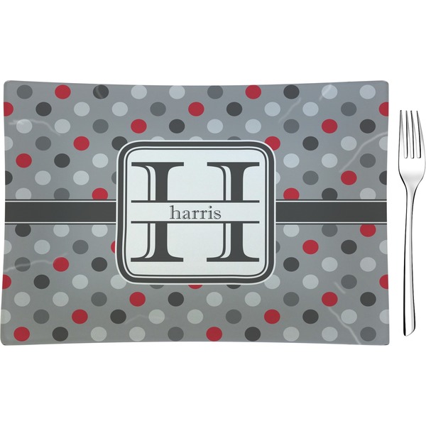 Custom Red & Gray Polka Dots Rectangular Glass Appetizer / Dessert Plate - Single or Set (Personalized)