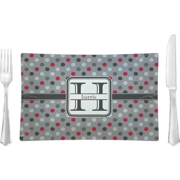 Custom Red & Gray Polka Dots Glass Rectangular Lunch / Dinner Plate (Personalized)