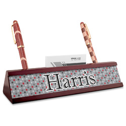 Red & Gray Polka Dots Red Mahogany Nameplate with Business Card Holder (Personalized)