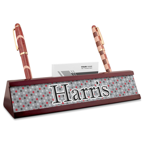 Custom Red & Gray Polka Dots Red Mahogany Nameplate with Business Card Holder (Personalized)