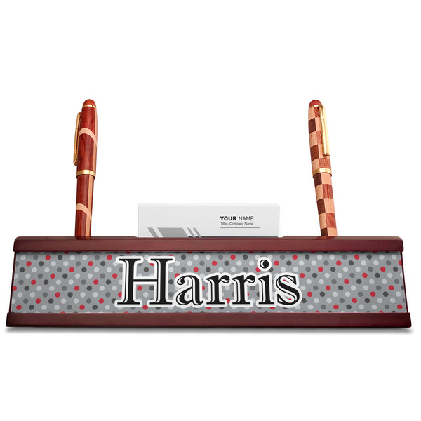 Red & Gray Polka Dots Red Mahogany Nameplates with Business Card Holder - Straight