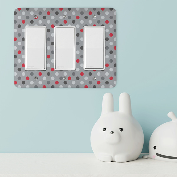 Red & Gray Polka Dots Rocker Light Switch Covers - Triple - IN CONTEXT