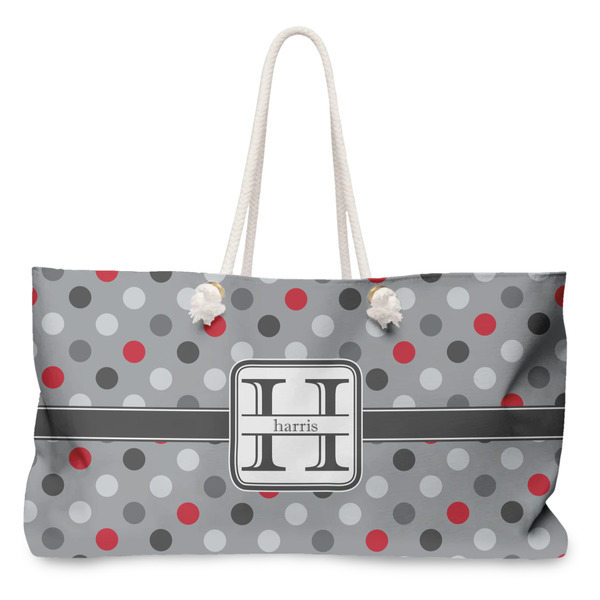 Custom Red & Gray Polka Dots Large Tote Bag with Rope Handles (Personalized)