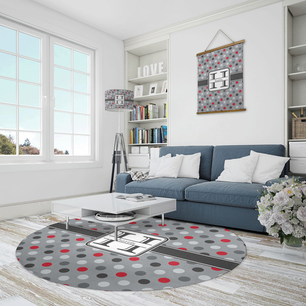 Red & Gray Polka Dots Round Area Rug - IN CONTEXT