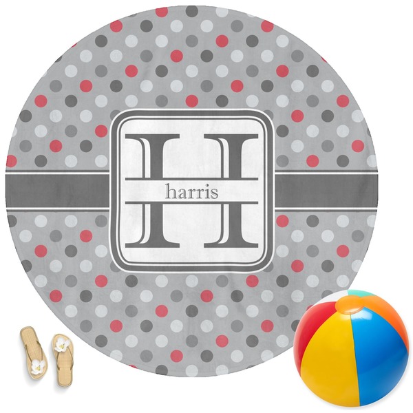 Custom Red & Gray Polka Dots Round Beach Towel (Personalized)