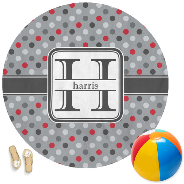 Custom Red & Gray Polka Dots Round Beach Towel (Personalized)