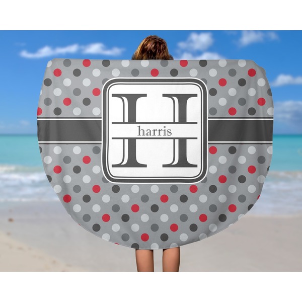 Red & Gray Polka Dots Round Beach Towel - In Use