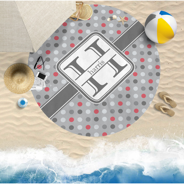 Red & Gray Polka Dots Round Beach Towel Lifestyle