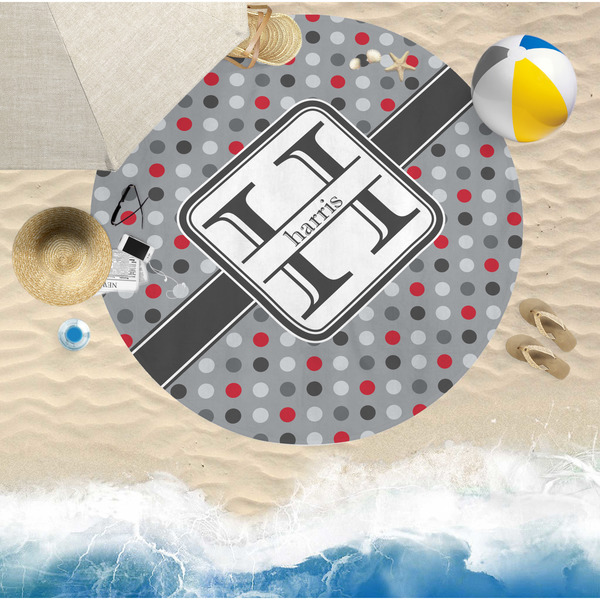 Red & Gray Polka Dots Round Beach Towel Lifestyle