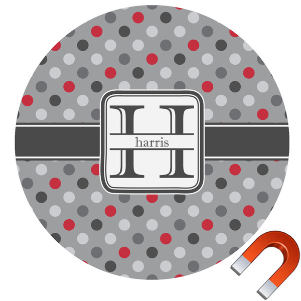 Custom Red & Gray Polka Dots Round Car Magnet - 6" (Personalized)