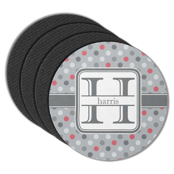 Custom Red & Gray Polka Dots Round Rubber Backed Coasters - Set of 4 (Personalized)