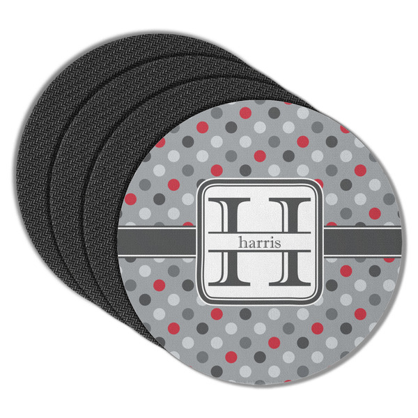 Custom Red & Gray Polka Dots Round Rubber Backed Coasters - Set of 4 (Personalized)