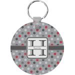 Red & Gray Polka Dots Round Plastic Keychain (Personalized)