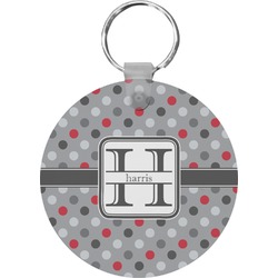 Red & Gray Polka Dots Round Plastic Keychain (Personalized)