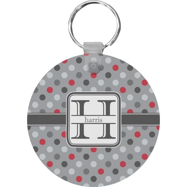 Custom Red & Gray Polka Dots Round Plastic Keychain (Personalized)