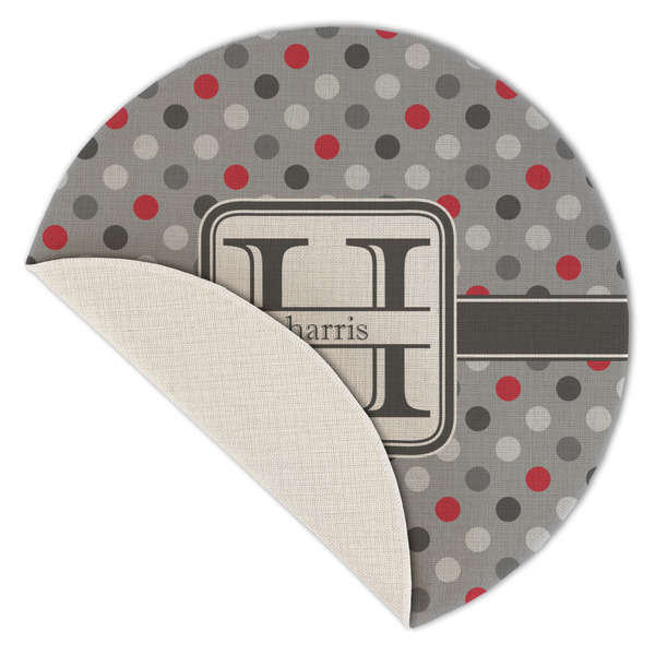 Red & Gray Polka Dots Round Linen Placemats - Front (folded corner single sided)