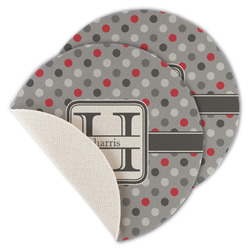 Red & Gray Polka Dots Round Linen Placemat - Single Sided - Set of 4 (Personalized)