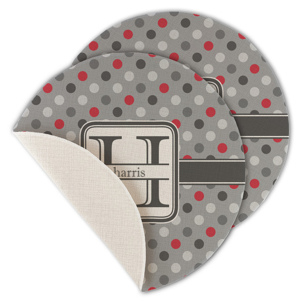 Custom Red & Gray Polka Dots Round Linen Placemat - Single Sided - Set of 4 (Personalized)
