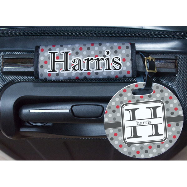 Red & Gray Polka Dots Round Luggage Tag & Handle Wrap - In Context