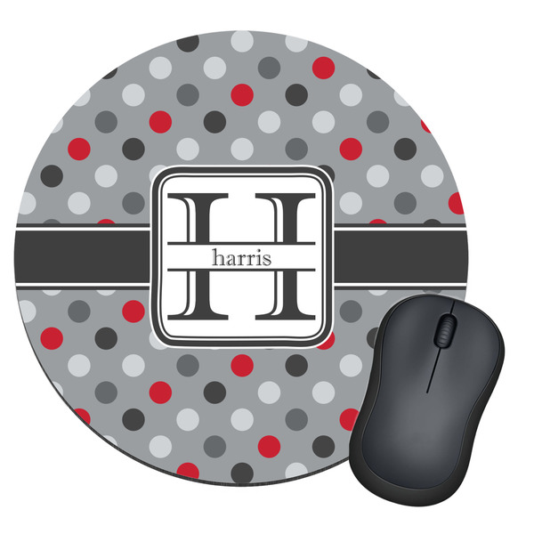 Custom Red & Gray Polka Dots Round Mouse Pad (Personalized)