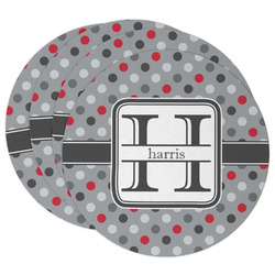 Red & Gray Polka Dots Round Paper Coasters w/ Name and Initial
