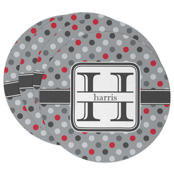 Custom Red & Gray Polka Dots Round Paper Coasters w/ Name and Initial