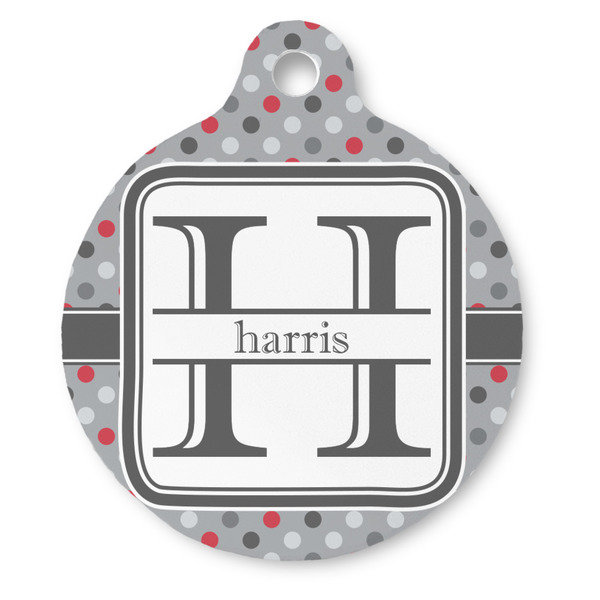 Custom Red & Gray Polka Dots Round Pet ID Tag - Large (Personalized)