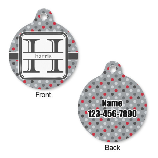 Red & Gray Polka Dots Round Pet Tag - Front & Back