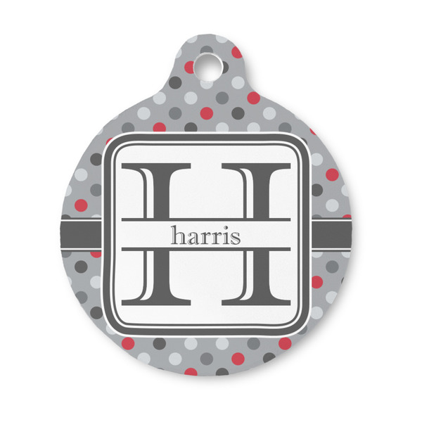 Custom Red & Gray Polka Dots Round Pet ID Tag - Small (Personalized)
