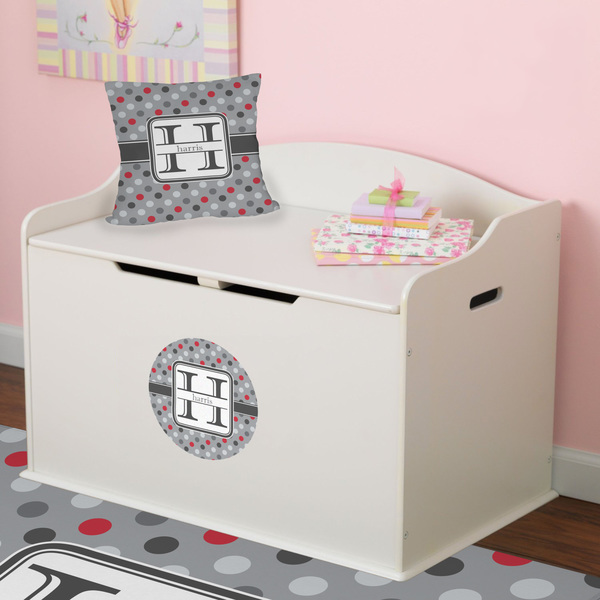 Red & Gray Polka Dots Round Wall Decal on Toy Chest