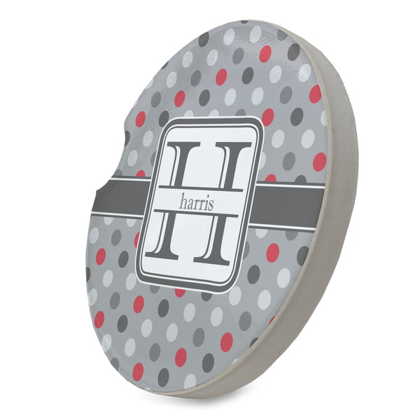 Red & Gray Polka Dots Sandstone Car Coaster - STANDING ANGLE