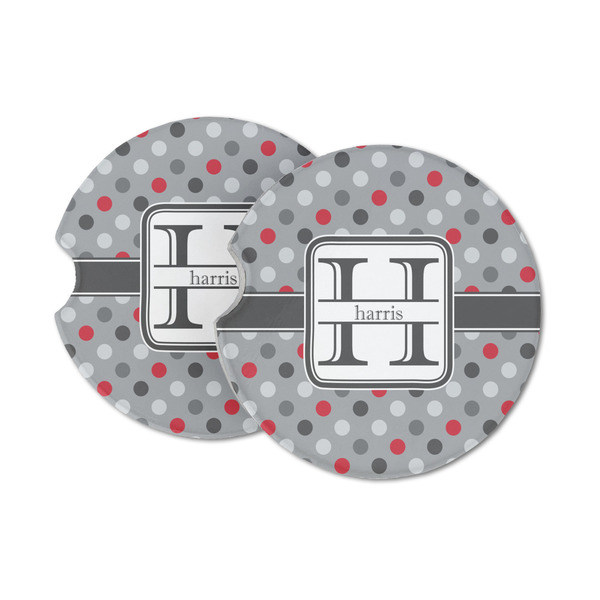Custom Red & Gray Polka Dots Sandstone Car Coasters - Set of 2 (Personalized)