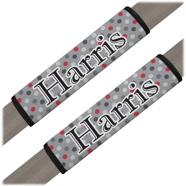 Custom Red & Gray Polka Dots Seat Belt Covers (Set of 2) (Personalized)