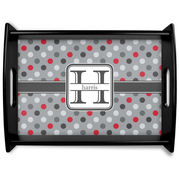 Custom Red & Gray Polka Dots Black Wooden Tray - Large (Personalized)