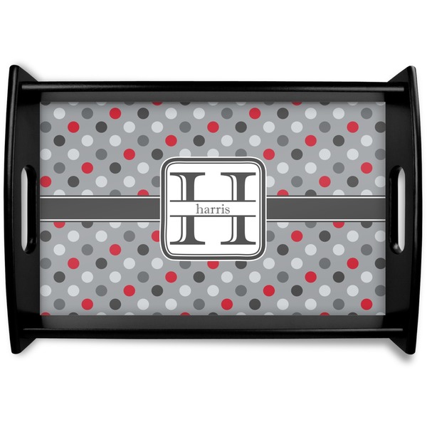 Custom Red & Gray Polka Dots Black Wooden Tray - Small (Personalized)