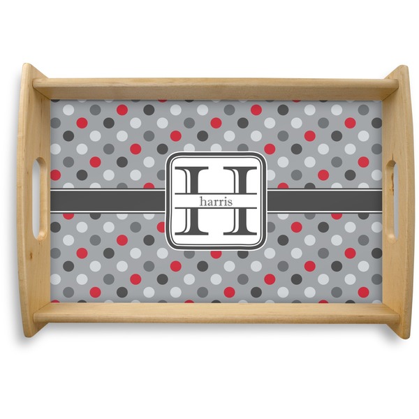 Custom Red & Gray Polka Dots Natural Wooden Tray - Small (Personalized)